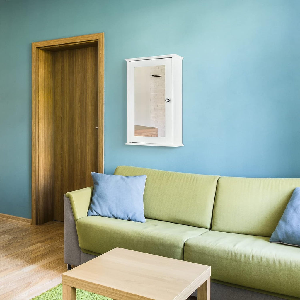 White Wall Mounted Wooden Medicine Cabinet with Single Mirror Door & Adjustable Shelves Y62051