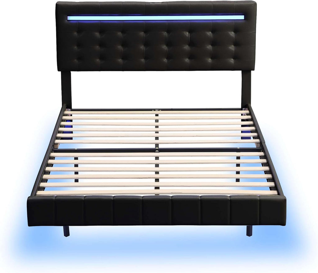 Full Size Floating Bed Frame with LED Lights and USB Charging P237258