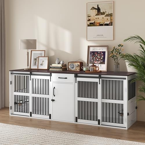 84.5" Double Medium Dog Crate Furniture with Drawer and Cabinet, Barn Sliding Doors, Rotatable Dog Bowls Feeder I207