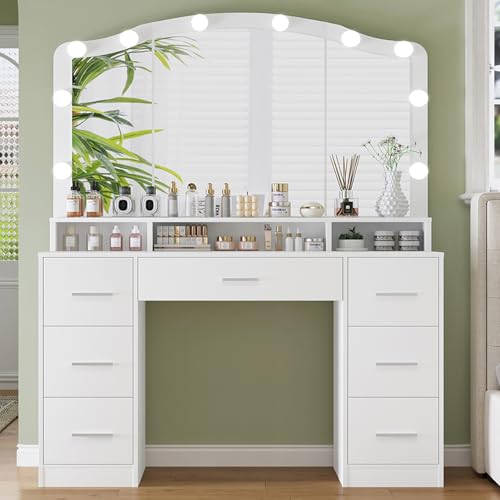 White 43.3" Vanity Desk with Lighted Mirror and 7 Drawers J9360
