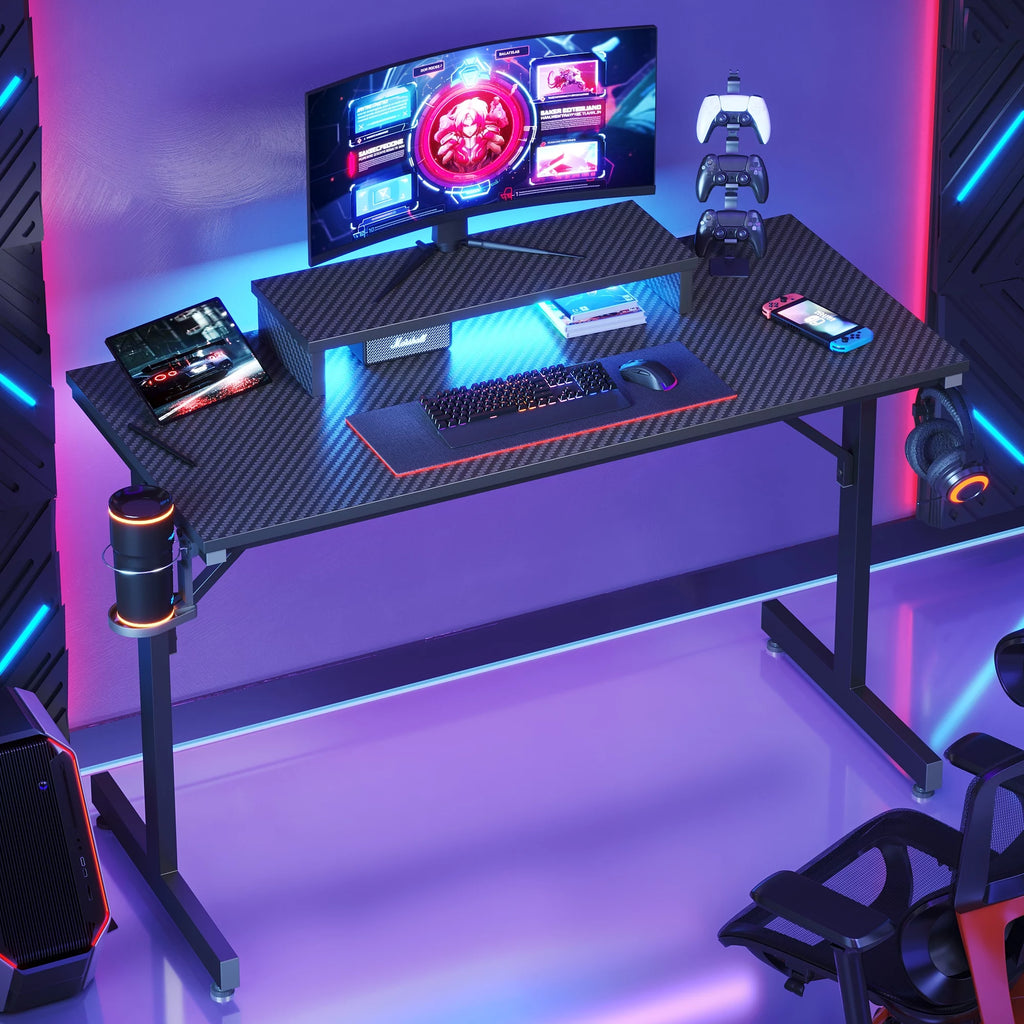 42" Gaming Desk with LED Lights, Monitor Stand, Headphone Hook, Cup Holder in Carbon Fiber Black V548677