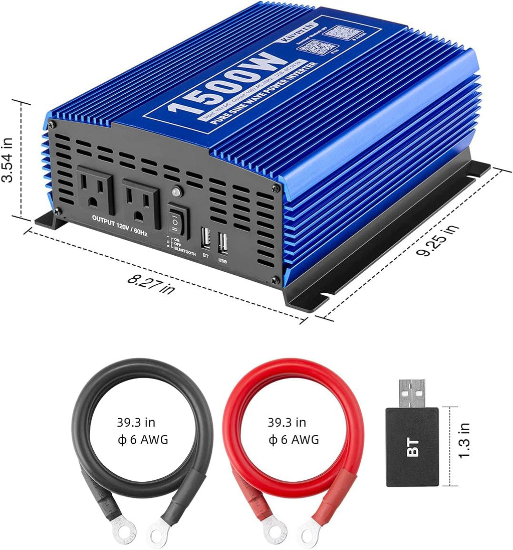 1500W Pure Sine Wave Power Inverter 12V DC to 110V AC Car Inverter with Bluetooth and 2AC Outlets & USB Port L78693