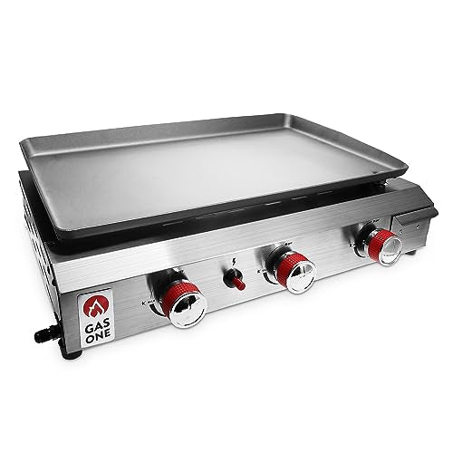 26 In Flat Top Gas Grill with 3 Burners – Stainless Steel Tabletop with Pre Season Griddle F304208