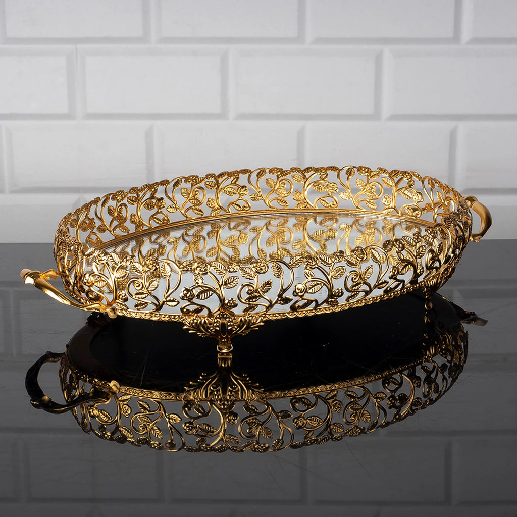 Metal Handmade Filigree Mirrored Tray, 17.3" x 10.2", Gold D33056