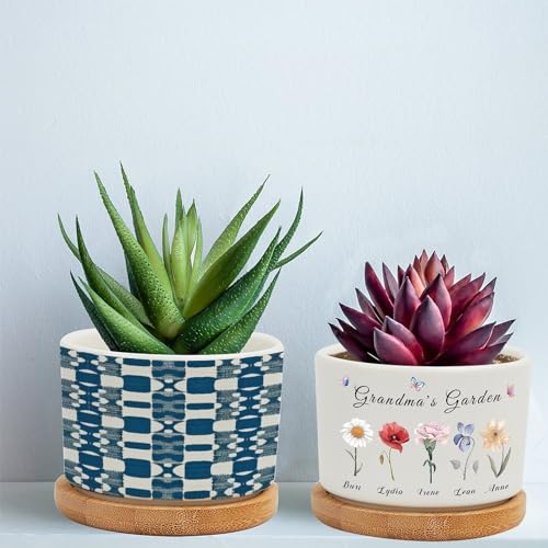 Blue and White Ceramic Planters with Drainage Holes and Saucers F58361
