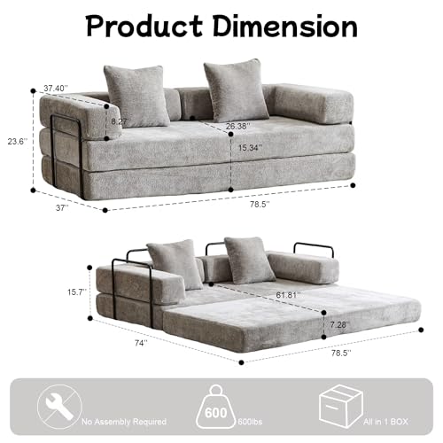 Dark Gray Chenille Convertible Floor Sofa Bed with Pillow Back & Armrest A96842