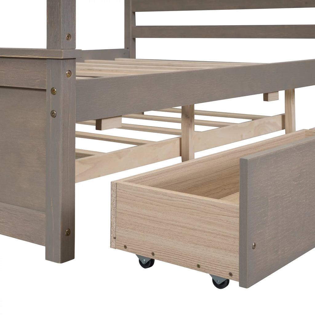 Light Brown Full Size Wood Canopy Platform Bed with 2 Drawers and Trundle F5333