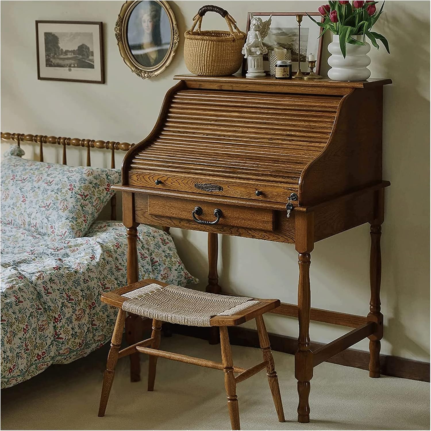 Oak Wood Vanity Desk with Pull-Out Hidden Mirror and Charging Port H2962