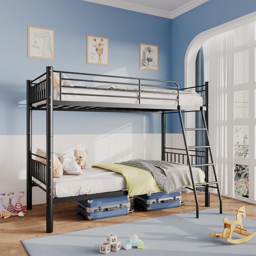 Black Metal Twin Over Twin Bunk Bed with Ladder and Guardrail S9004