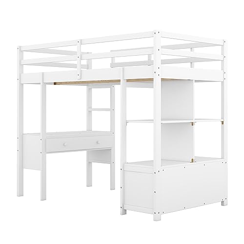 Solid Wood Twin Loft Bed with Desk, Storage Shelves, Drawers, Ladder, Guardrail L246