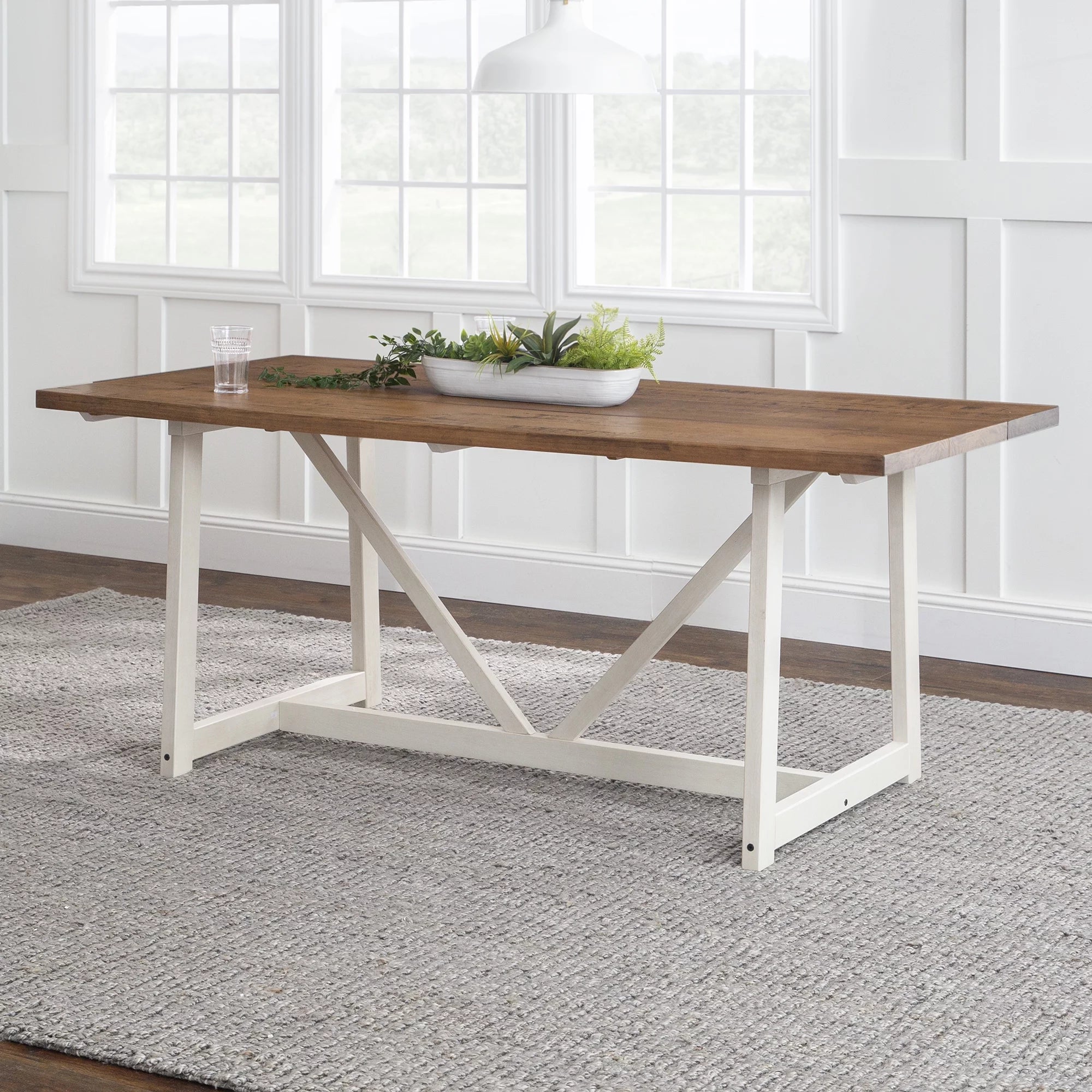 Rustic Oak/White Solid Wood Trestle Dining Table V266