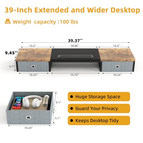 White 39Inch Wooden Dual Monitor Stand Riser with 2 Drawers N14683
