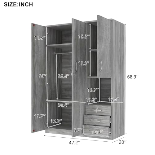 Grey Wooden Armoire Wardrobe with 6-Tier Shelves and 3 Drawers D33340
