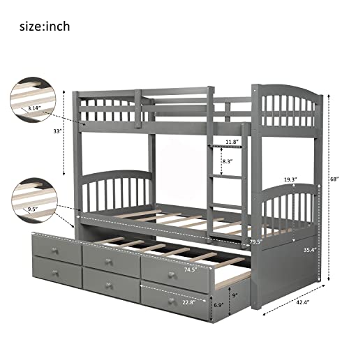 Twin Over Twin Solid Wood Bunk Bed with Storage Drawers and Trundle (Espresso) I26856