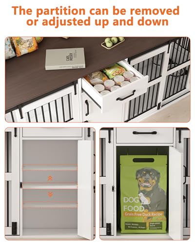 84.5" Double Medium Dog Crate Furniture with Drawer and Cabinet, Barn Sliding Doors, Rotatable Dog Bowls Feeder I207