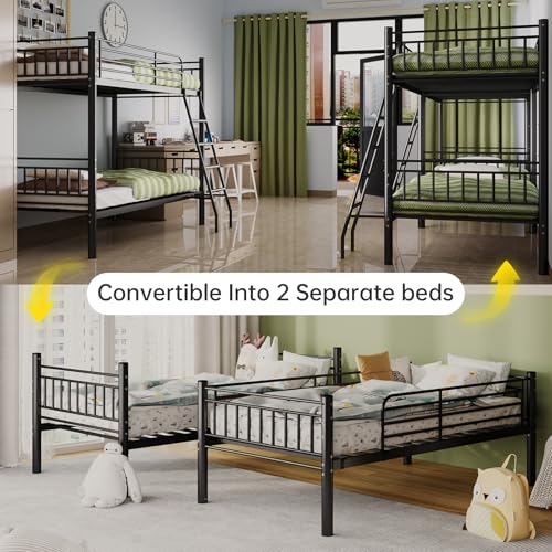 Black Metal Twin Over Twin Bunk Bed with Ladder and Guardrail S9004